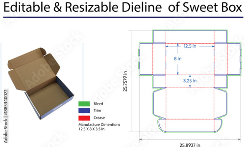 Editable and Resizable Dieline of Sweet Box with Dimensions