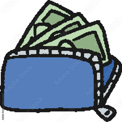 お札が出た青い長財布の手描きイラスト