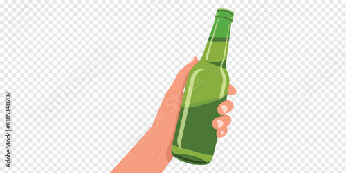 Hand Holding a Green Beer Bottle on Transparent Background, alcohol beverage concept
