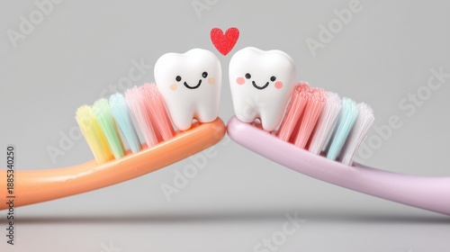 Two cartoon teeth on colorful toothbrushes show love with a heart, symbolizing dental care