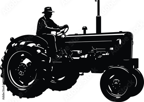 Farmer driving vintage tractor silhouette on white background, agricultural machinery, rural farming work, classic farm vehicle illustration