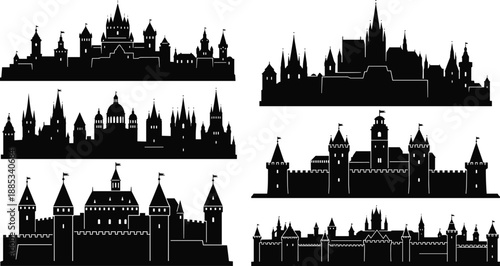 Medieval castle silhouettes collection, fantasy city skylines with towers and walls, fairytale fortress landmarks, black silhouettes isolated on white
