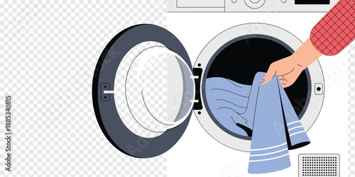 Hand Putting Laundry into Washing Machine, home cleaning concept