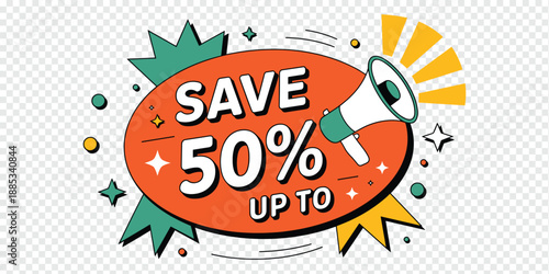 Save Up To 50 Discount Badge with Megaphone, sales promotion concept
