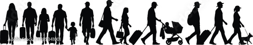 Silhouette group of people walking with luggage, family and travelers in motion, diverse pedestrians, travel, commute, and urban lifestyle concept