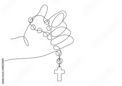 Praying. Hand holding rosary. Continuous line drawing. Christianity religion concept.