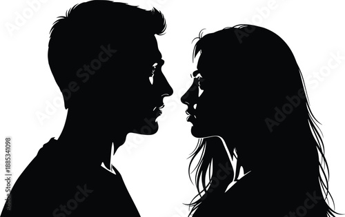 Silhouette of man and woman facing each other closely in profile, romantic couple moment expressing love, attraction, intimacy, and emotional connection
