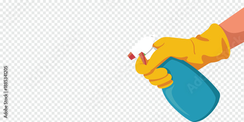 Hand in Yellow Glove Holding Cleaning Spray Bottle, household cleaning concept