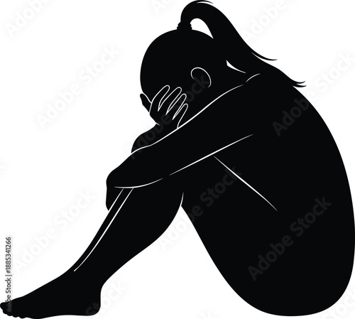 Silhouette of sad woman sitting alone hugging knees, depression anxiety concept, emotional distress, loneliness, mental health illustration isolated