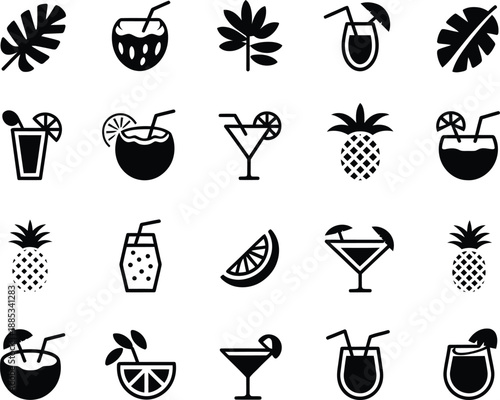 Vector illustration set of alcohol icons featuring wine, cocktail, beer, and martini glass symbols for bar and party beverage design