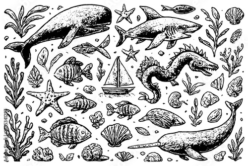 sea animals set,
Blue Ink Marine Life Illustration Collection for Education