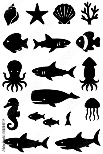 set of sea animals,
Ocean Life Black Silhouette Icons for Design