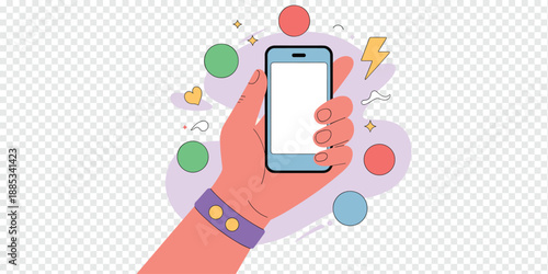 Hand Holding Smartphone with Communication Icons, digital connectivity concept