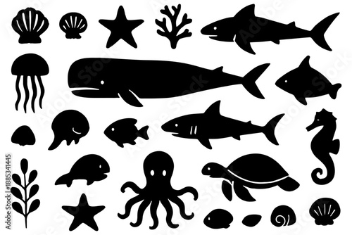 vector set of fish,
Ocean Marine Life Black Silhouette Icon Set