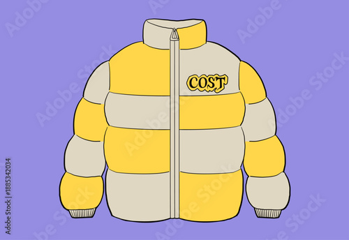 アパレル業界のコストや価格を象徴する文字入りダウンコートのミニマルなデザイン