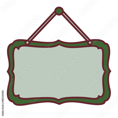 Blank hanging shop sign board with ornate curved green border frame