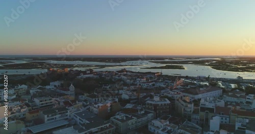 Faro Algarve Portugal Aerial Sunset View of City and Ria Formosa