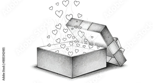Hand drawn pencil sketch illustration depicts a magical open gift box overflowing with many small ascending hearts representing love and affection emerging from the container