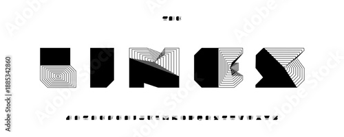 Block font logo alphabet geometric typography with lines thick square triangle geometry shape lettering for heavy title text, modern architect poster headline, creative branding. Vector typeset