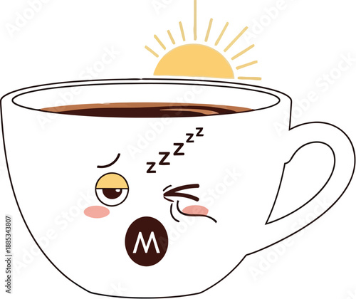 Adorable cartoon coffee cup character feeling extremely sleepy and drowsy next to a rising sun symbolizing the need for morning caffeine
