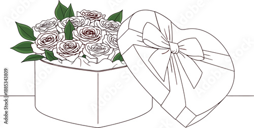 Beautiful illustration of a vibrant heart shaped box filled with romantic red and pink roses featuring a large satin bow on the lid nearby