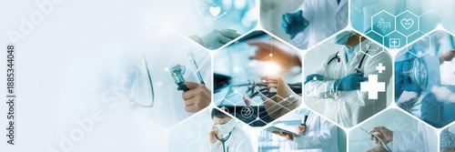 Collage of medical professionals and technology in hexagonal frames, representing healthcare innovation and digital medicine concepts