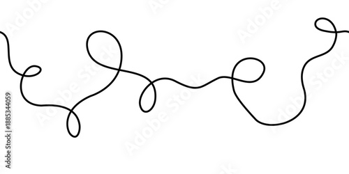 Seamless cable squiggle line in black, smooth curve drawing with a wavy loop. This seamless cable squiggle line fits trendy layouts.