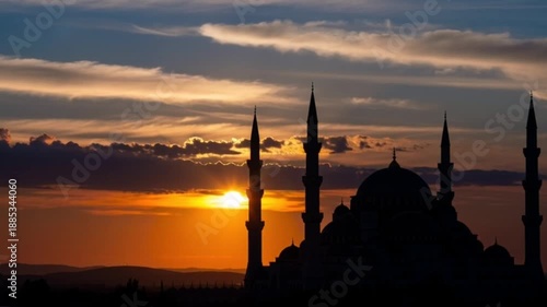 Silhouette of a mosque with multiple spires at sunset with vibrant orange sky and clouds