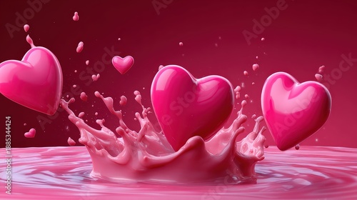 Romantic Pink Hearts Splashing into Glossy Liquid Background