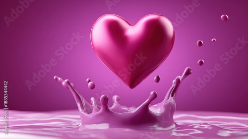 Metallic Pink Heart Splashing into Glossy Liquid Background