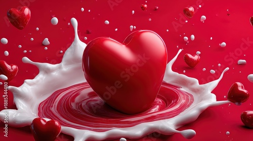 Red Glossy Heart Splashing into Milk and Red Liquid Background