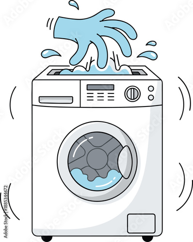 Overflowing washing machine illustration with water splashing from top, laundry appliance malfunction, home repair problem, cartoon vector design