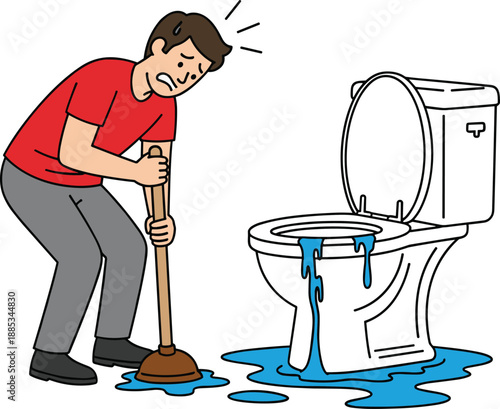 Plumber fixing clogged toilet, bathroom flooding problem, emergency home repair, man using plunger, plumbing issue illustration, cartoon vector, isolated white background