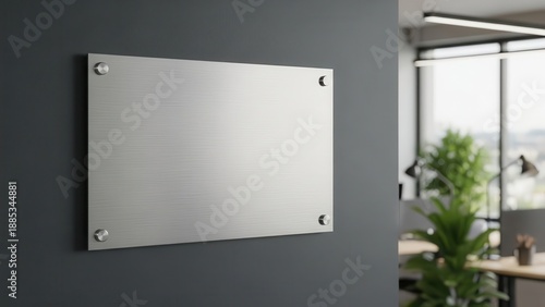 Blank brushed metal sign mockup on dark wall in modern office interior background