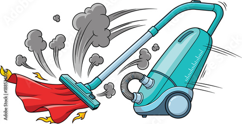 Powerful vacuum cleaner sucking burning cloth with smoke, cleaning accident concept illustration, household appliance danger and fire risk concept