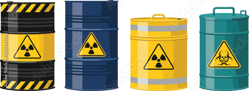 Radioactive, waste, barrels, hazardous, chemical, drums, warning, symbols, industrial, danger, toxic, storage, safety, containers, illustration, isolated, white, background, vector, design
