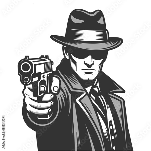 stern gangster in suit and fedora aiming a handgun directly at the viewer sketch engraving generative ai fictional character vector illustration. Scratch board imitation. Black and white image.