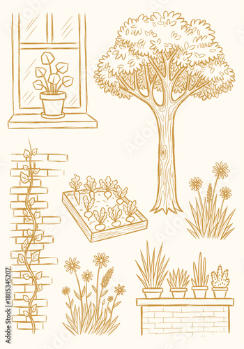 Hand-drawn vector graphic collection featuring various garden and nature elements like trees, potted plants, a raised bed, flowers, and a brick wall with vine, ideal for spring designs