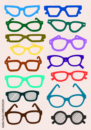 A playful hand-drawn vector graphic illustration featuring a diverse collection of colorful eyeglasses frames with textured outlines and various lens styles, perfect for optical design