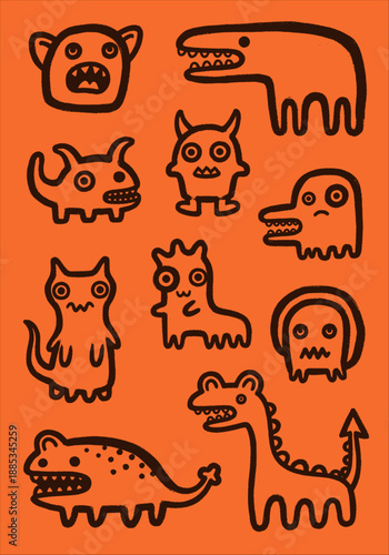 A collection of quirky, hand-drawn vector monster illustrations in a playful doodle style, featuring unique cartoon creatures with expressive faces and textured outlines against an orange background