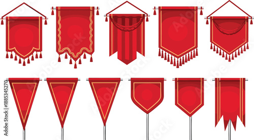 Red medieval banners, decorative hanging flags, royal heraldic pennants, vintage fabric standards, ornamental tassels, ceremonial designs, vector illustration, isolated, white background