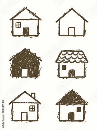 A set of six charming hand-drawn house vector illustrations in a rustic, doodle crayon style, perfect for children's designs, real estate concepts, or architectural projects