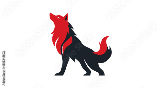 A stylized illustration of a howling wolf with red and black layered design against a white background