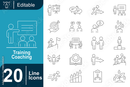 Training and Coaching Line Icons Set Featuring Leadership, Mentoring, Teamwork, Communication, Skill Development, Growth Strategy, Career Progress, Business Learning and Professional Education Concept