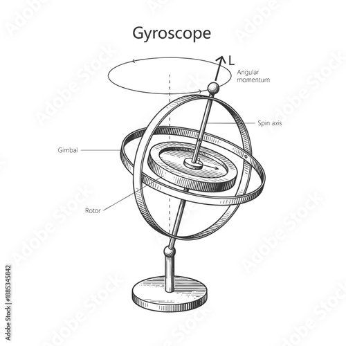 gyroscope showing its components, including spin axis, rotor, gimbal, and angular momentum sketch engraving generative ai vector illustration. Scratch board imitation. Black and white image.