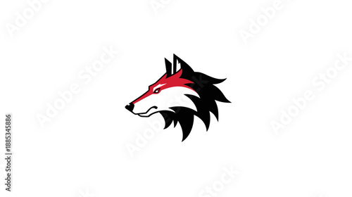 A stylized wolf head facing left, with red and black details on a white background