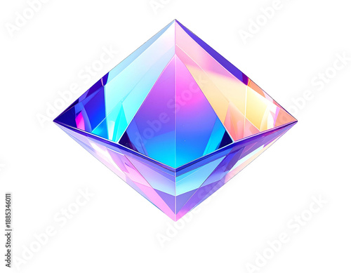 A floating, iridescent diamond-shaped object with sharp, angled facets