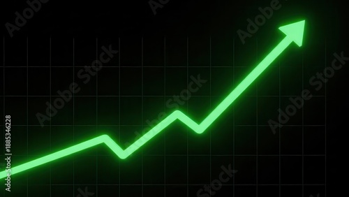Glowing neon green arrow pointing upwards on a black grid background, representing financial growth and stock market success