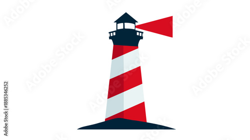 A tall, nautical illustration shows a lighthouse with red, white stripes and a light beam