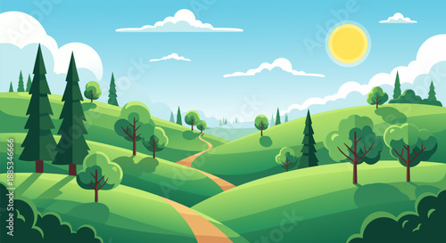 Vibrant Summer Landscape Vector Illustration with Rolling Hills and Sunny Sky - Perfect for Nature and Travel Themes